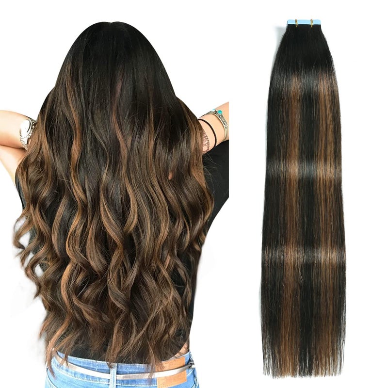 SUYYA Tape in Hair Extensions Human Hair Balayage Natural Black to Chestnut Brown 14 Inch 40gpack 20pcs Straight Seamless Skin Weft Tape in Real Human Hair Extensions14inch P1B6T1B