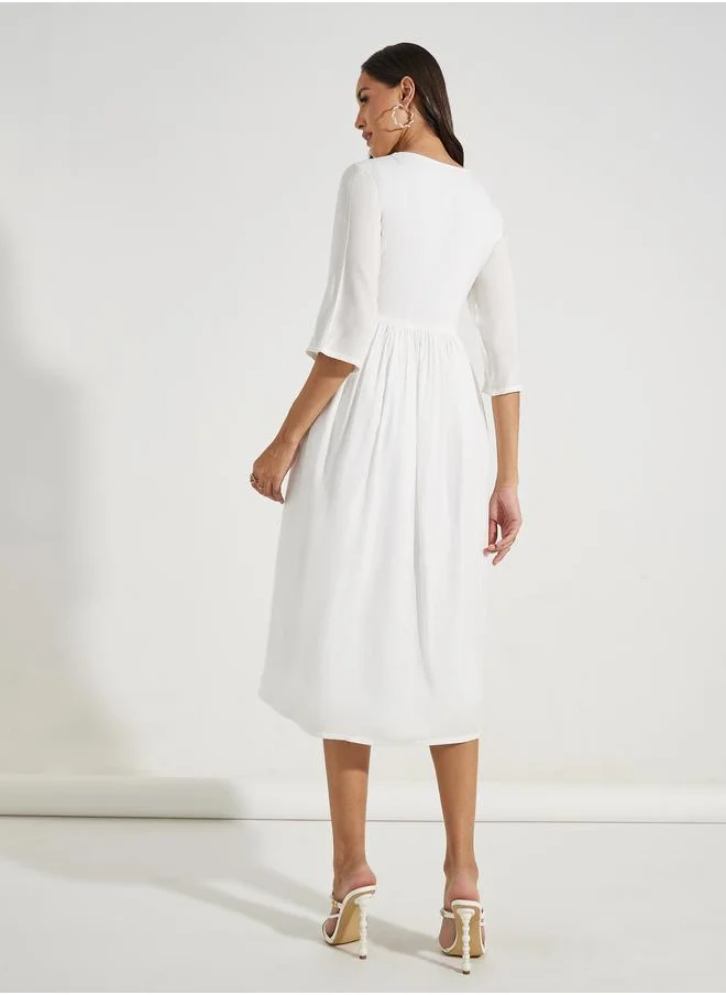 Styli Embroidered Panel V Neck A-Line Midi Dress