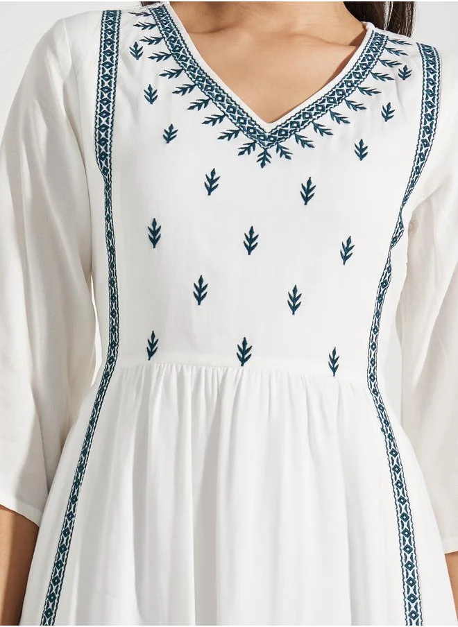 Styli Embroidered Panel V Neck A-Line Midi Dress