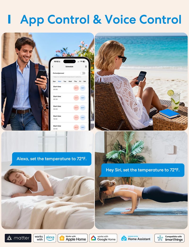 meross Smart Thermostat for Home, WiFi Thermostat Works with Matter, Alexa, Apple Home, Google Assistant, App & Voice Control, 7x24h Scheduling, Energy Saving, C-Wire Required - Image 5