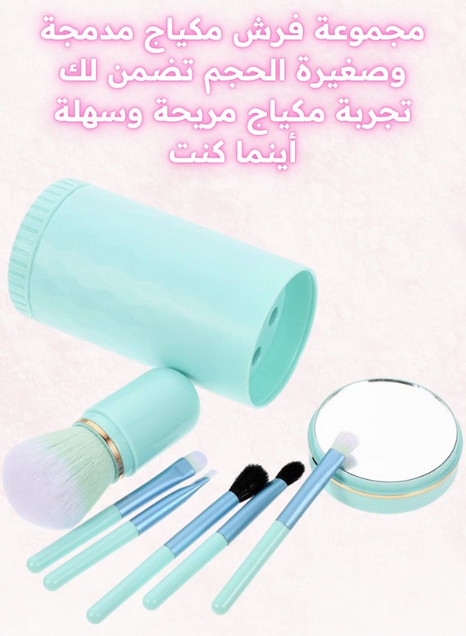 Portable Makeup Brush Set – 1 Set Nano Fiber & Wool Bristles with Aluminum Tube, Compact Applicator Sticks for Foundation, Blending, Powder & Eyeshadow (Blue) - Image 1