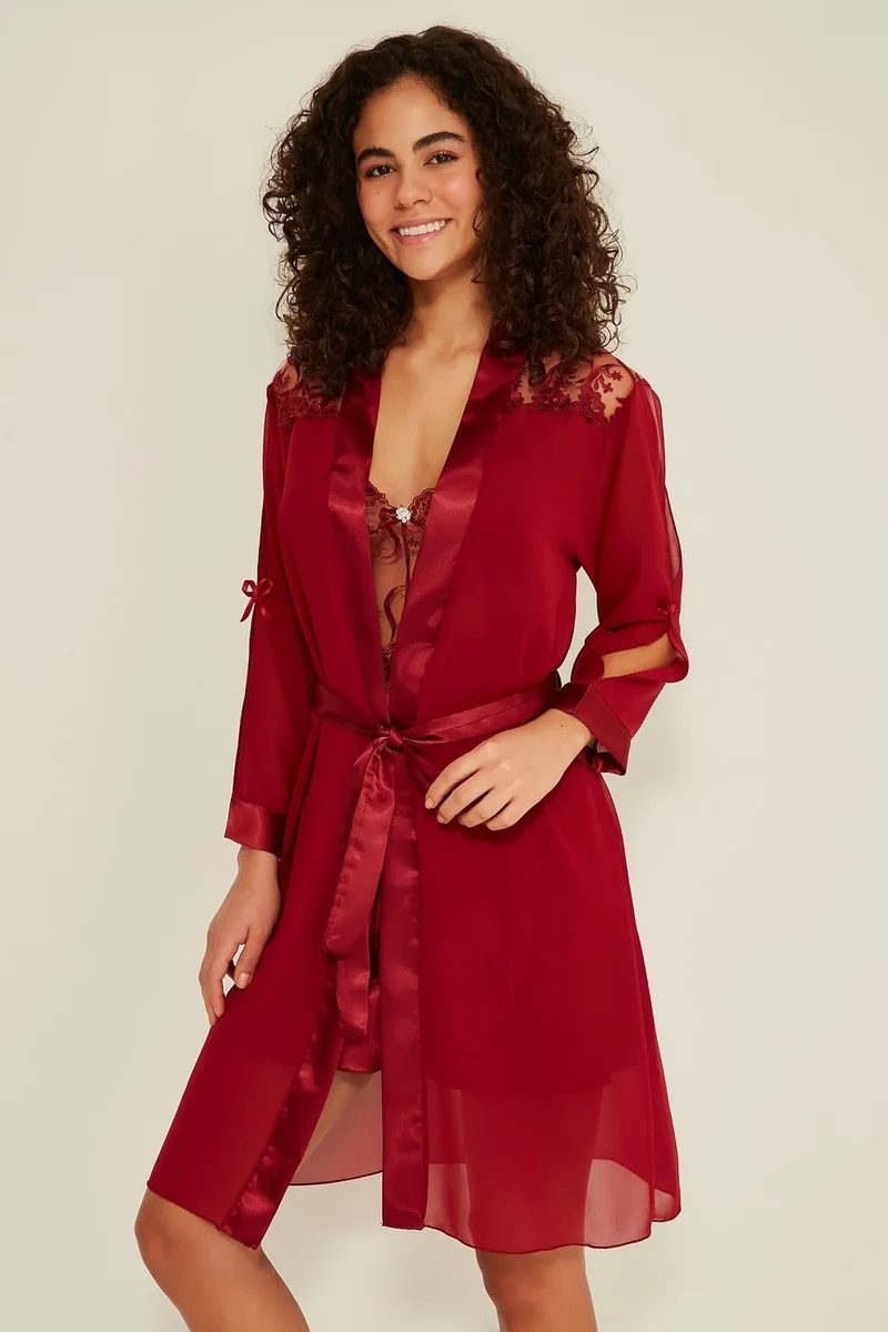 C&city 047 Women's Satin Nightgown Dressing Gown Claret Red