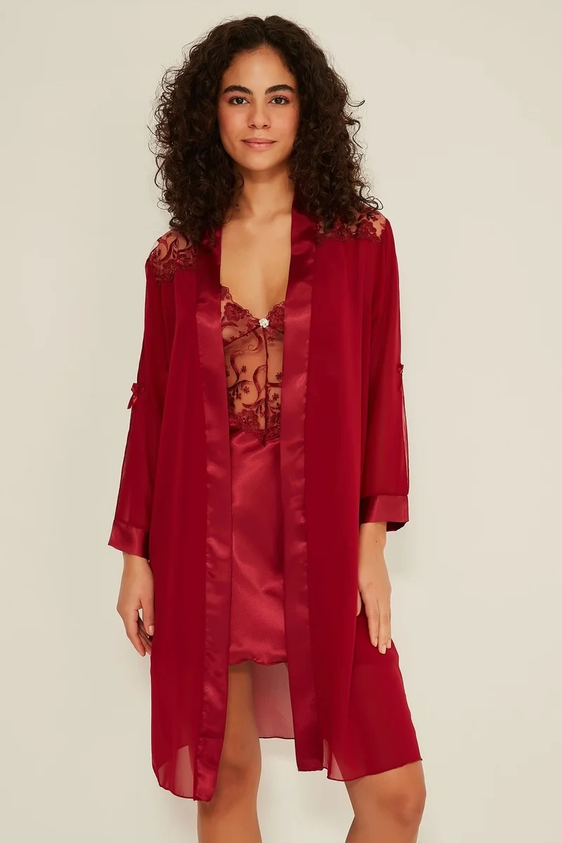 C&city 047 Women's Satin Nightgown Dressing Gown Claret Red