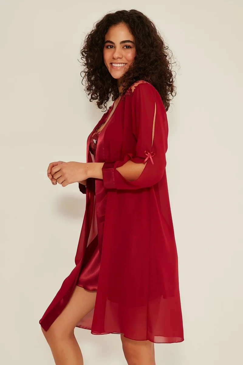 C&city 047 Women's Satin Nightgown Dressing Gown Claret Red