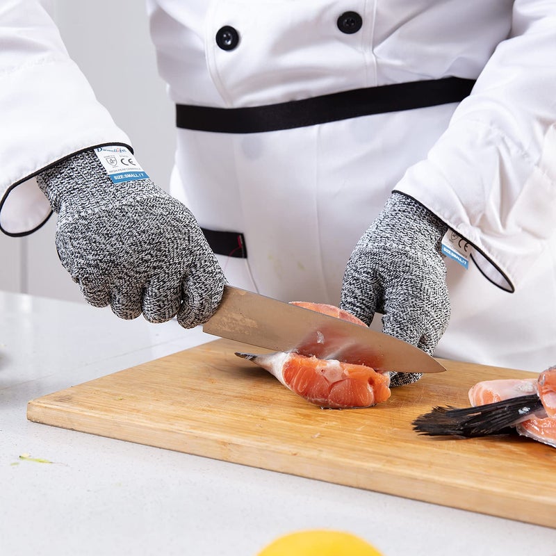 Dowellife 3 Pairs Cut Resistant Gloves Food Grade Level 5 Protection, Safety Kitchen Cuts Gloves for Mandolin Slicing, Fish Fillet, Oyster Shucking, Meat Cutting and Wood Carving (Black Gray, Small) - Image 3