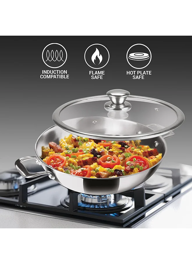 ميلتون 4-Piece Triply Stainless Steel Cookware Set, Tea Pan 16cm, Fry Pan 22cm, Wok/Kadai with Glass Lid 24cm, Even and Fast Heating, Induction & Gas Ready - Silver