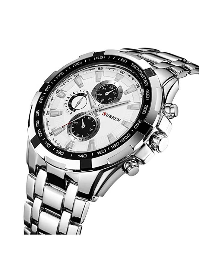 Curren 8023 Silver Steel Chronograph Men’s Luxury Sports Watch Premium Tachymeter Dial and Multifunction Timepiece - Image 2
