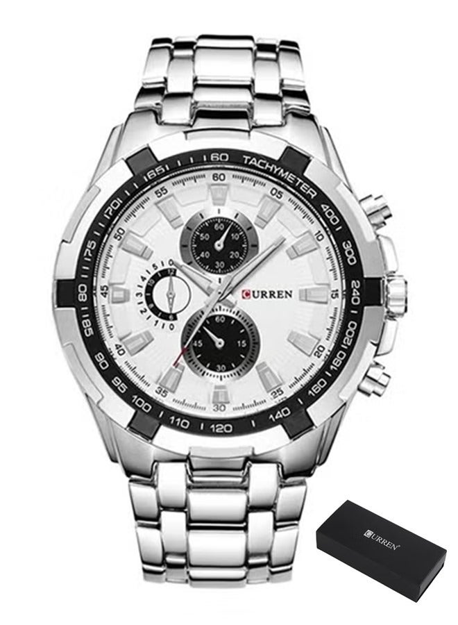 Curren 8023 Silver Steel Chronograph Men’s Luxury Sports Watch Premium Tachymeter Dial and Multifunction Timepiece - Image 1