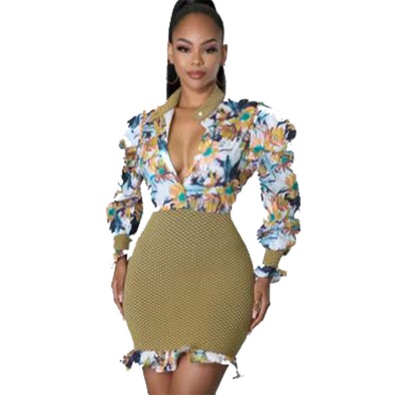 HX0139 Cross-border Four Seasons Color Printing Long Sleeve Dress Color printing M - Image 1