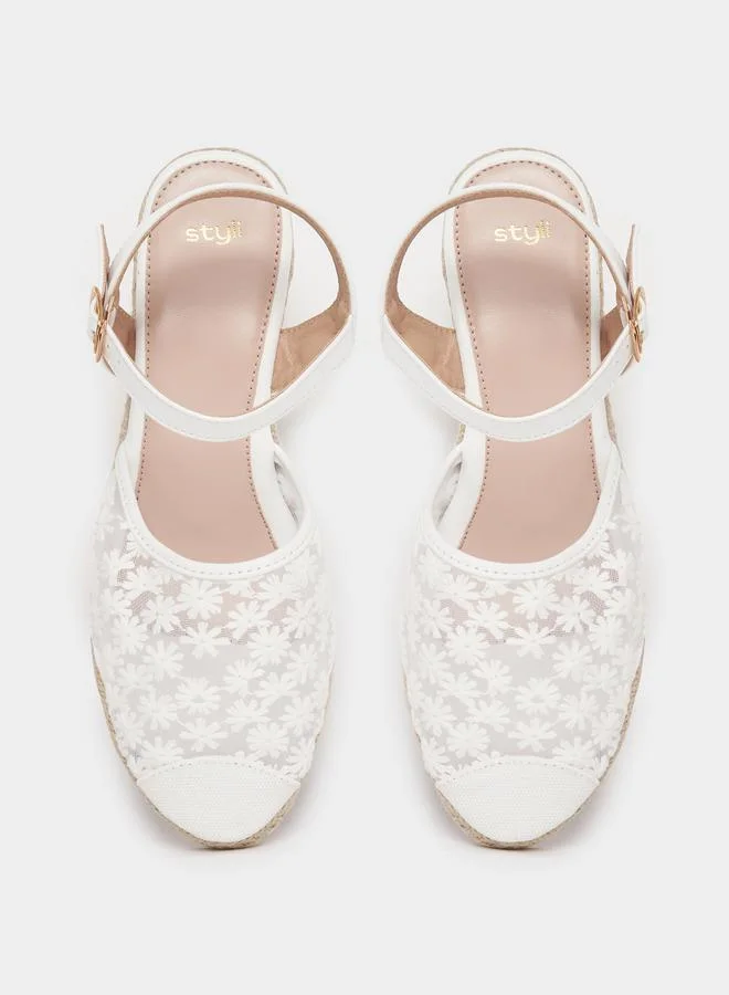 Styli Embroidered Design Ankle Strap Wedge Sandals