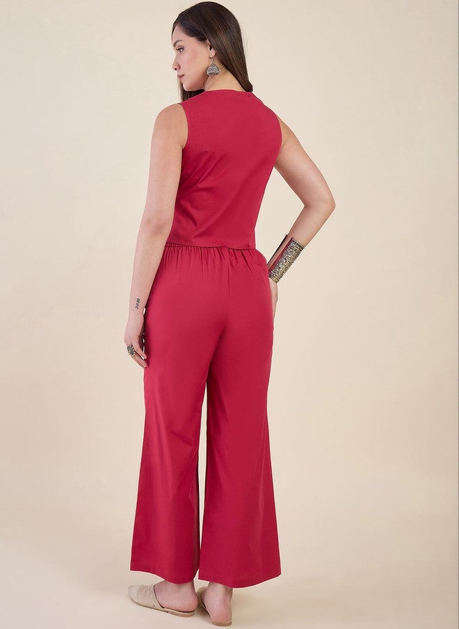 WineRed Wine Red Cotton Solid Blazer with Trousers - Image 3