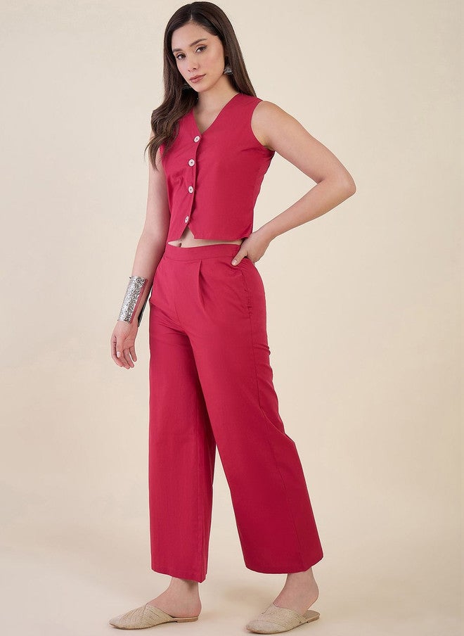 WineRed Wine Red Cotton Solid Blazer with Trousers - Image 2
