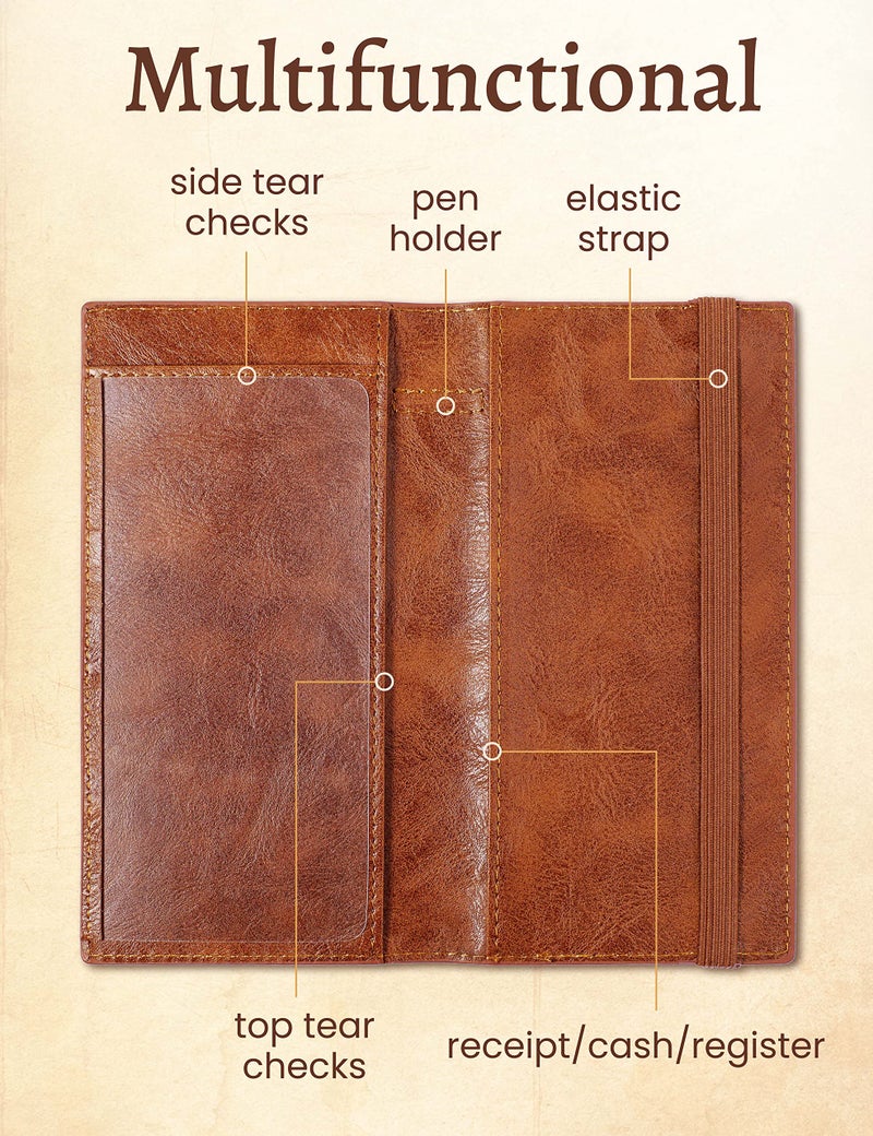 Yarnic Checkbook Cover for Personal Checkbook, Checkbook Holder with Pen Holder & Built-in Clear Plastic Divider for Duplicate Checks (Brown) - Image 2