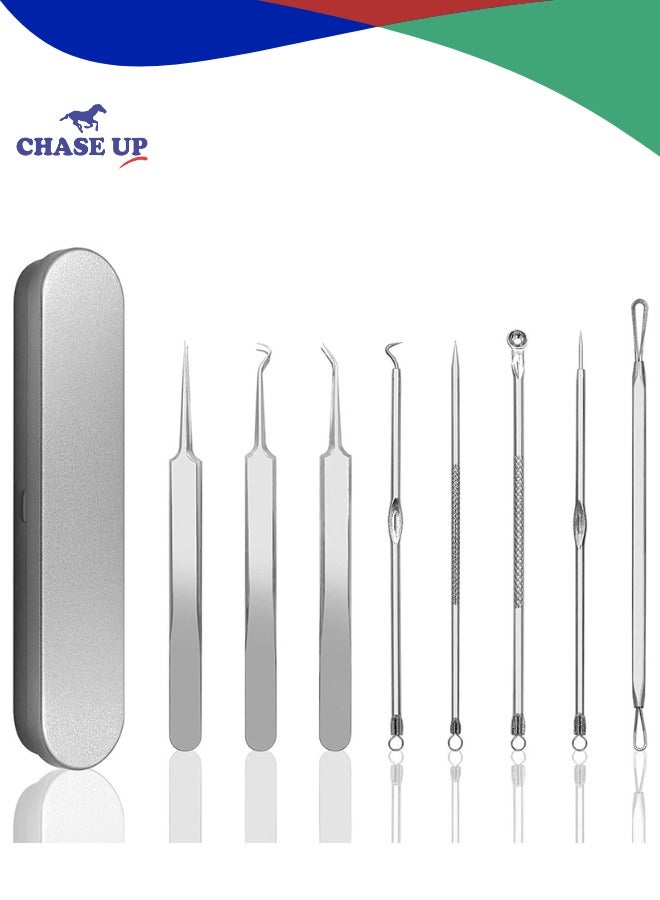 Chase Up Blackhead Remover Pimple Popper Tool Kit, 8 PCS Acne Blemish Pimple Extractor Needle, Facial Comedone Clip, Blackhead Tweezer, for Ingrown Hair Removal in Metal Case - Image 1