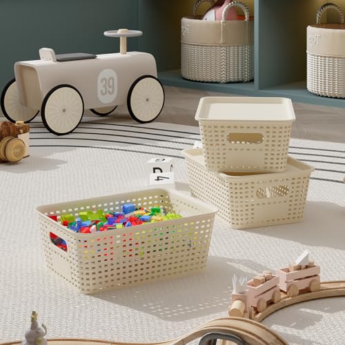 Resze 6 Pack Plastic Storage Baskets with Lids, Breathable Stackable Organizer Bins& Containers for Pantry, Desktops, Cabinet, Closet, Offices Organization Toys, Space Saving, Easy-Carry Handles,White - Image 4