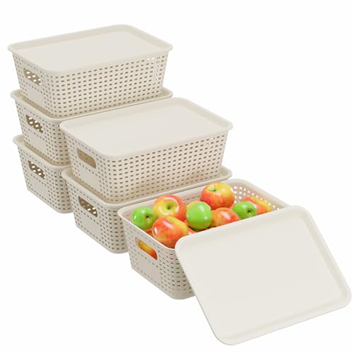 Resze 6 Pack Plastic Storage Baskets with Lids, Breathable Stackable Organizer Bins& Containers for Pantry, Desktops, Cabinet, Closet, Offices Organization Toys, Space Saving, Easy-Carry Handles,White - Image 1