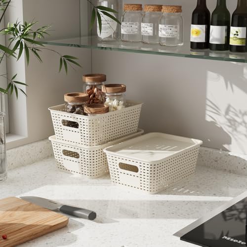 Resze 6 Pack Plastic Storage Baskets with Lids, Breathable Stackable Organizer Bins& Containers for Pantry, Desktops, Cabinet, Closet, Offices Organization Toys, Space Saving, Easy-Carry Handles,White - Image 5