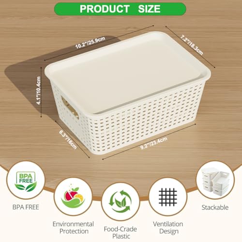 Resze 6 Pack Plastic Storage Baskets with Lids, Breathable Stackable Organizer Bins& Containers for Pantry, Desktops, Cabinet, Closet, Offices Organization Toys, Space Saving, Easy-Carry Handles,White - Image 2