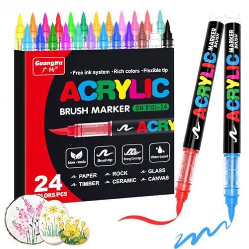 Guangna Acrylic Paint Markers24 Colors with DirectLiquid Ink Control System ProfessionalGrade Paint Pen for Rock Painting Canvas Glass Plastic Fabric Creative Crafts - Image 1