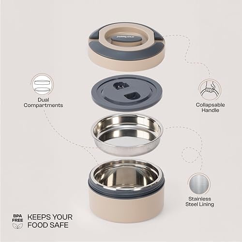 Pinnacle Prime Insulated Tiffin Box for Kids & Adults (600ml) | 2 Compartment Hot Box for Lunch with Collapsible Handle |Inner Stainless Steel Lunch Box for Office, School, Travel, Gift (Clay Beige) - Image 2