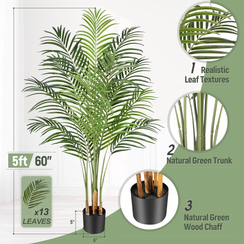 Keeplush Artificial Palm Tree 4ft Tall Fake Indoor Decor with 13 Trunks and Real Bark Design Faux Tropical Areca Silk Floor Plant in Pot for Home Office Living Room Bedroom 1pcs - Image 4