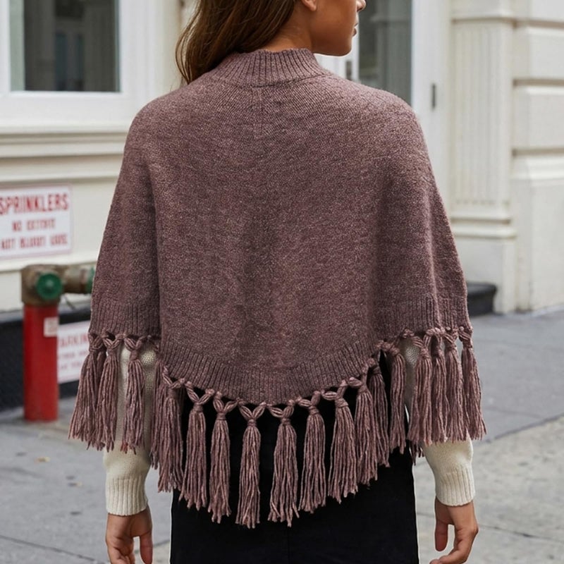 Mieeyali Women Tassel Knit Cropped Poncho Y2K Mock Neck Knitted Fringe Shawls Wraps Sweater Fall Winter Elegant Holiday Cape (Brown, ONE SIZE) - Image 3