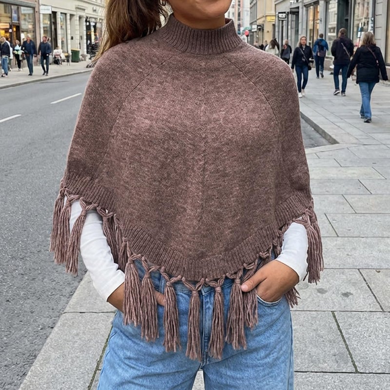 Mieeyali Women Tassel Knit Cropped Poncho Y2K Mock Neck Knitted Fringe Shawls Wraps Sweater Fall Winter Elegant Holiday Cape (Brown, ONE SIZE) - Image 5