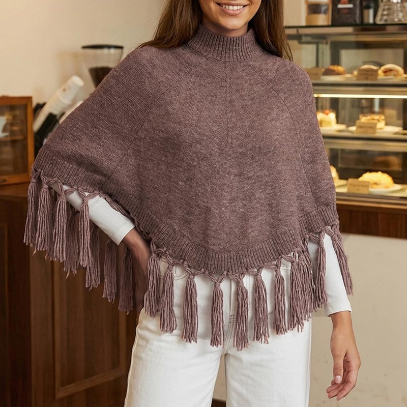 Mieeyali Women Tassel Knit Cropped Poncho Y2K Mock Neck Knitted Fringe Shawls Wraps Sweater Fall Winter Elegant Holiday Cape (Brown, ONE SIZE) - Image 4
