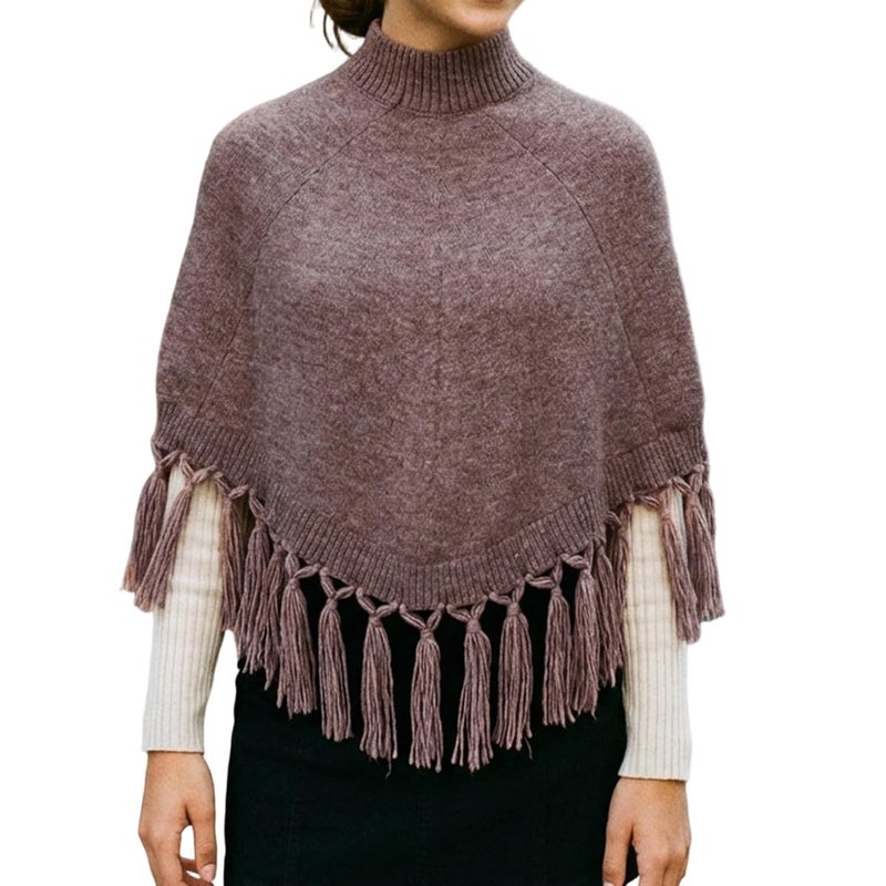 Mieeyali Women Tassel Knit Cropped Poncho Y2K Mock Neck Knitted Fringe Shawls Wraps Sweater Fall Winter Elegant Holiday Cape (Brown, ONE SIZE) - Image 2