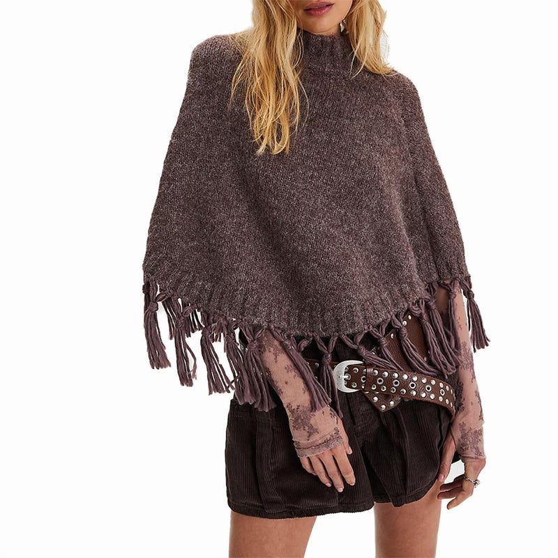 Mieeyali Women Tassel Knit Cropped Poncho Y2K Mock Neck Knitted Fringe Shawls Wraps Sweater Fall Winter Elegant Holiday Cape (Brown, ONE SIZE) - Image 1