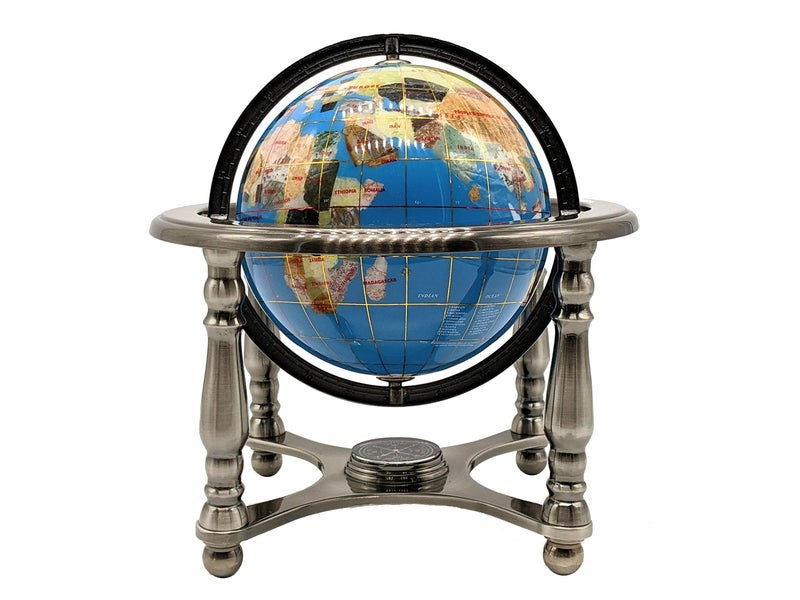 Unique Art 10Inch Tall Turquoise Ocean Gemstone World Globe with 4 Leg Silver Stand