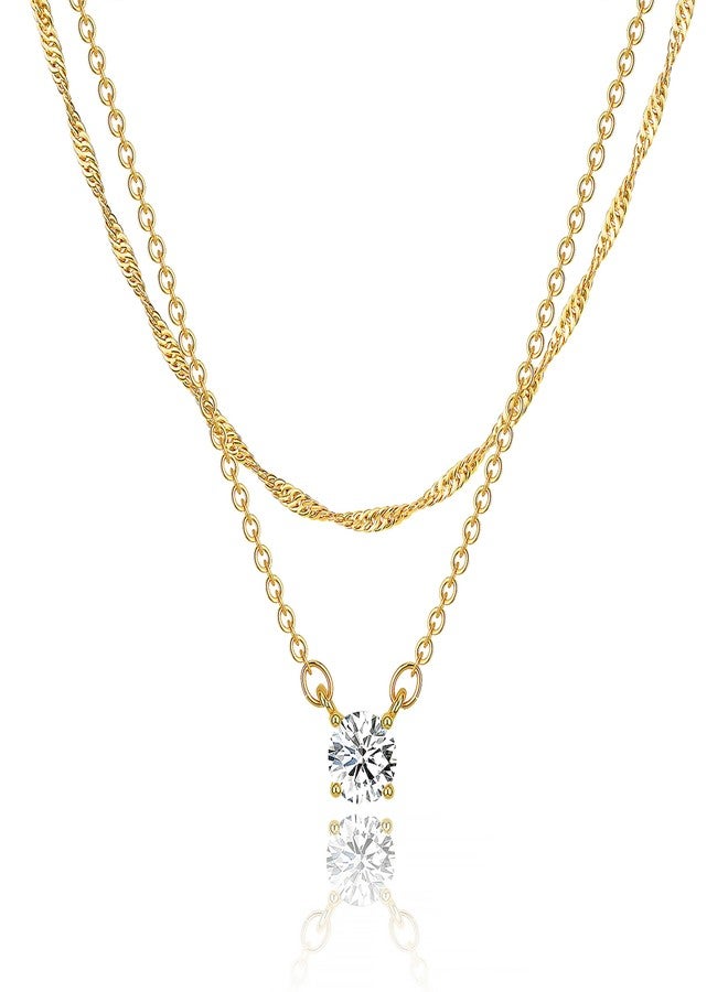 Tewiky Dainty Layered 14K Gold Plated Cubic Zirconia Necklace for Women, Simple Solitaire Pendant Chain Choker Necklaces Set Cute CZ Trendys Gold Jewelry Gift - Image 1