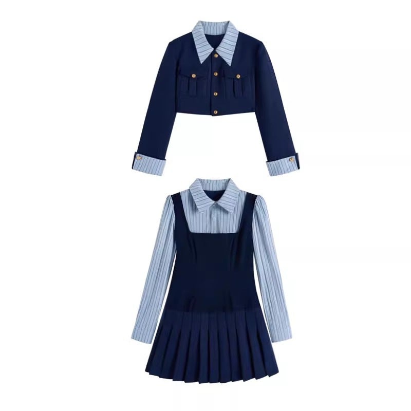 Early Autumn Chic Dress Set 2024 Fashionable Two-Piece Outfit navy blue coat dress suit (belt)