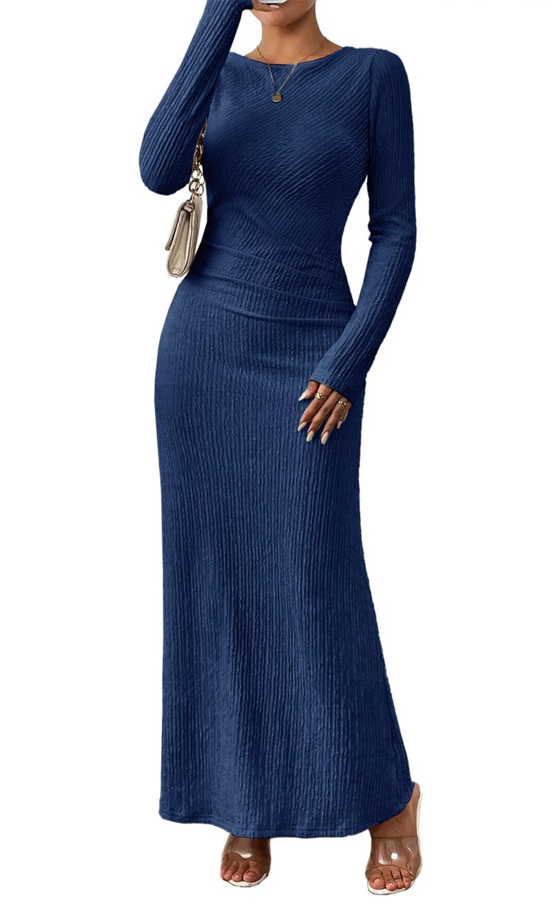 MITILLY Fall Long Sleeve Formal Wedding Guest Dress Elegant Ruched Bodycon Maxi Dress Large Dark Blue - Image 1