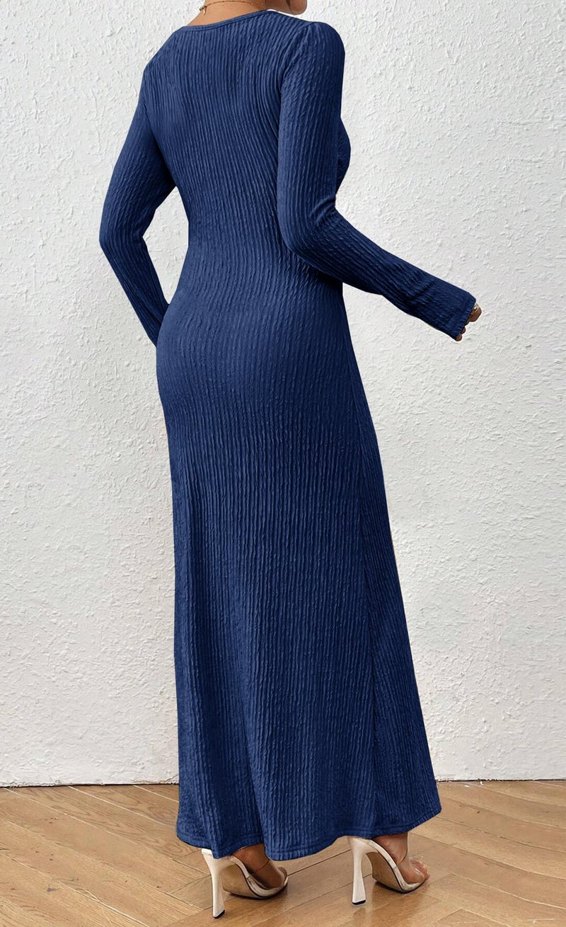 MITILLY Fall Long Sleeve Formal Wedding Guest Dress Elegant Ruched Bodycon Maxi Dress Large Dark Blue - Image 3