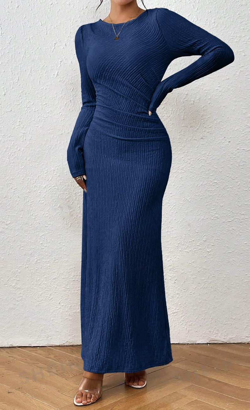 MITILLY Fall Long Sleeve Formal Wedding Guest Dress Elegant Ruched Bodycon Maxi Dress Large Dark Blue - Image 4