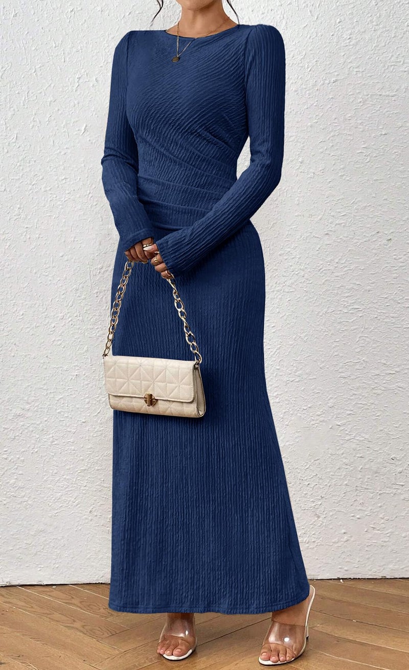 MITILLY Fall Long Sleeve Formal Wedding Guest Dress Elegant Ruched Bodycon Maxi Dress Large Dark Blue - Image 5