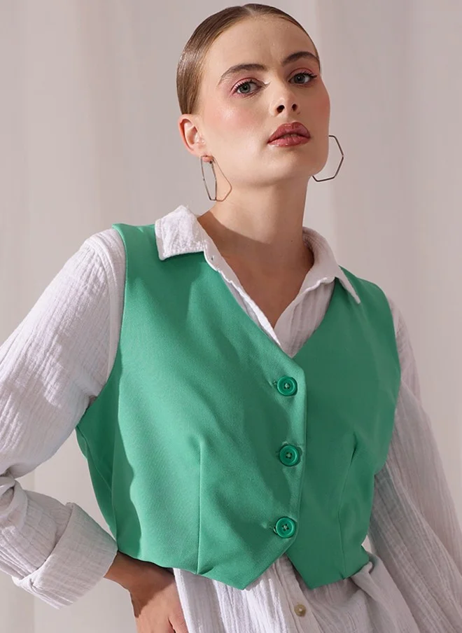 STREET 9 Sea Green V-Neck Sleeveless Waistcoat for Women