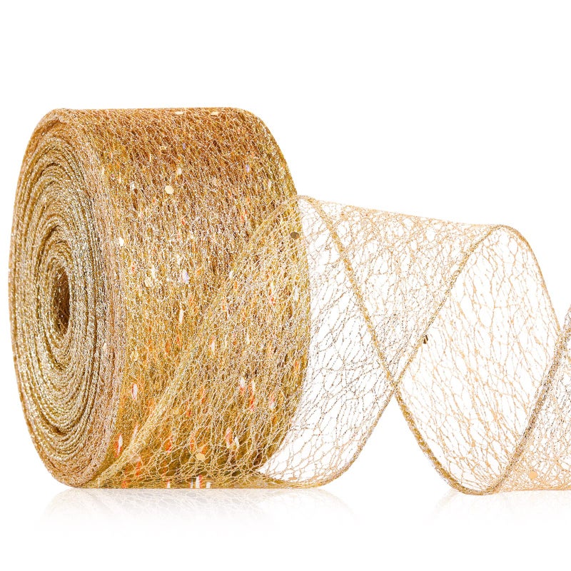 Waydress Christmas Metallic Gold Glitter Ribbons Christmas Gold Sparkly Mesh Craft Ribbon Wired Polyester Ribbon for Gift Wrapping Xmas Tree Floral Wedding Party Decor40 Yard
