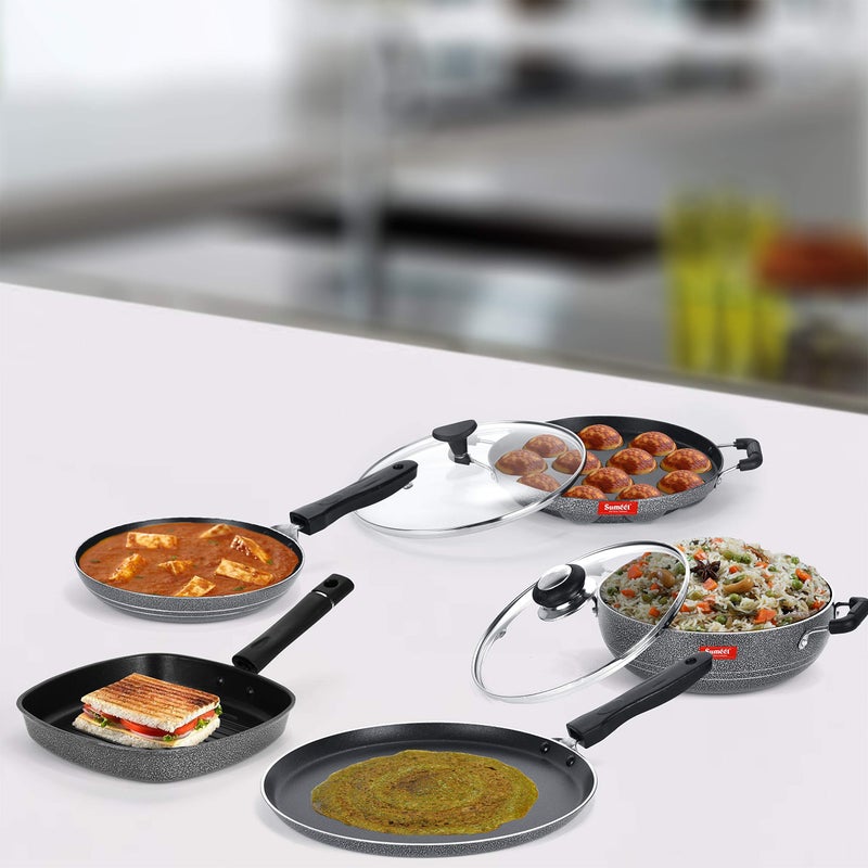 Sumeet Non-stick Preto Cookware Set (Dosa Tawa-26.5Cm , Kadhai with Lid-2Ltr-22Cm , Appam Patra with Glass Lid-12 Cavity-22cm , Grill Pan-22cm , Tapper pan-0.6Ltr-20Cm Dia, silver) - Image 2