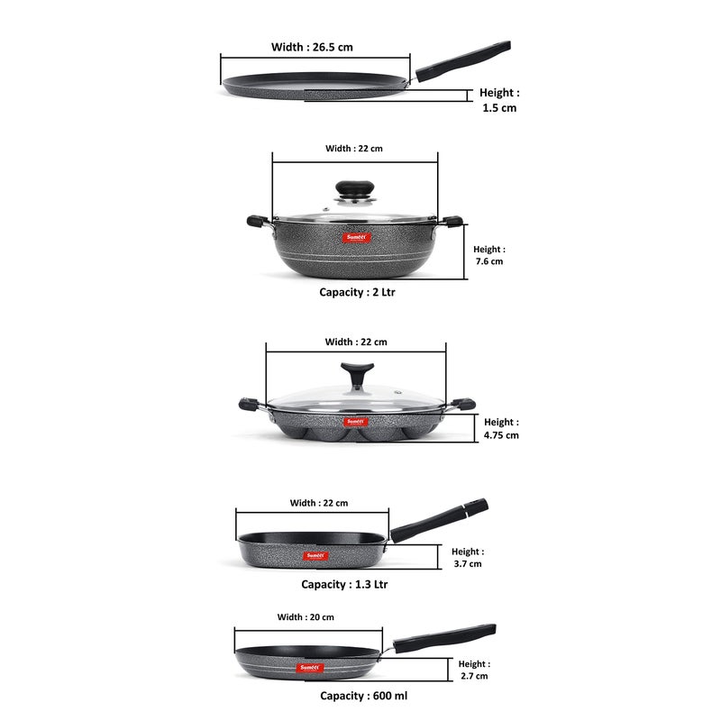 Sumeet Non-stick Preto Cookware Set (Dosa Tawa-26.5Cm , Kadhai with Lid-2Ltr-22Cm , Appam Patra with Glass Lid-12 Cavity-22cm , Grill Pan-22cm , Tapper pan-0.6Ltr-20Cm Dia, silver) - Image 4