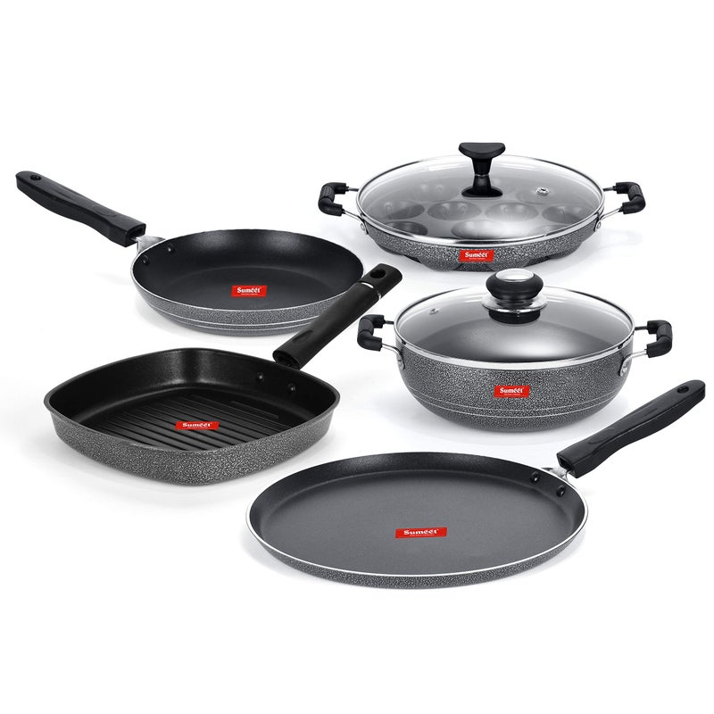 Sumeet Non-stick Preto Cookware Set (Dosa Tawa-26.5Cm , Kadhai with Lid-2Ltr-22Cm , Appam Patra with Glass Lid-12 Cavity-22cm , Grill Pan-22cm , Tapper pan-0.6Ltr-20Cm Dia, silver) - Image 1