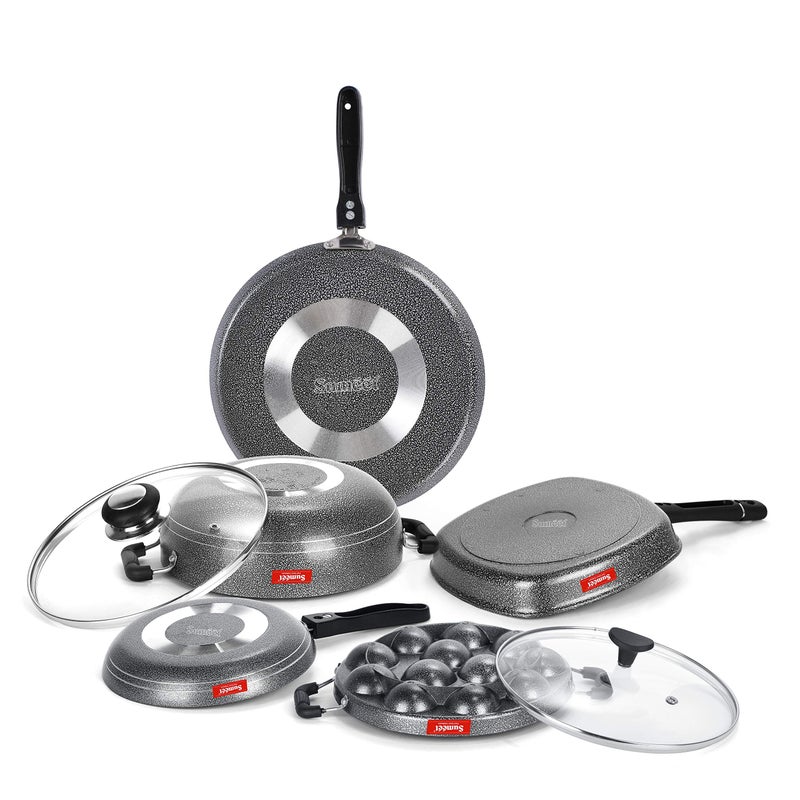 Sumeet Non-stick Preto Cookware Set (Dosa Tawa-26.5Cm , Kadhai with Lid-2Ltr-22Cm , Appam Patra with Glass Lid-12 Cavity-22cm , Grill Pan-22cm , Tapper pan-0.6Ltr-20Cm Dia, silver) - Image 5
