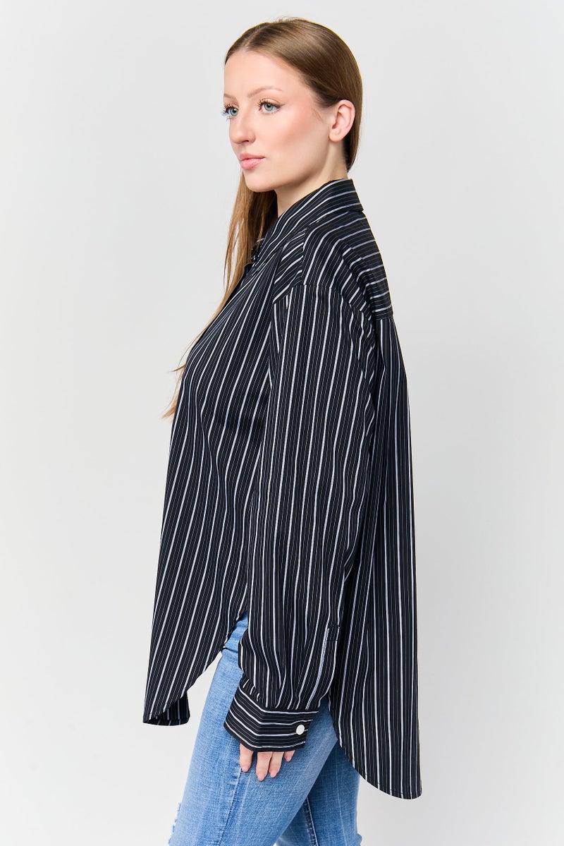 DKNY Women Stripe Long Sleeve Casual Shirt, Black - Image 3