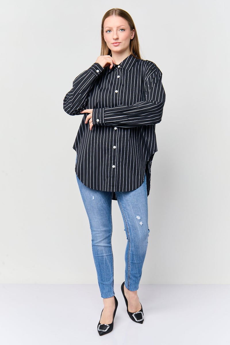 DKNY Women Stripe Long Sleeve Casual Shirt, Black - Image 4