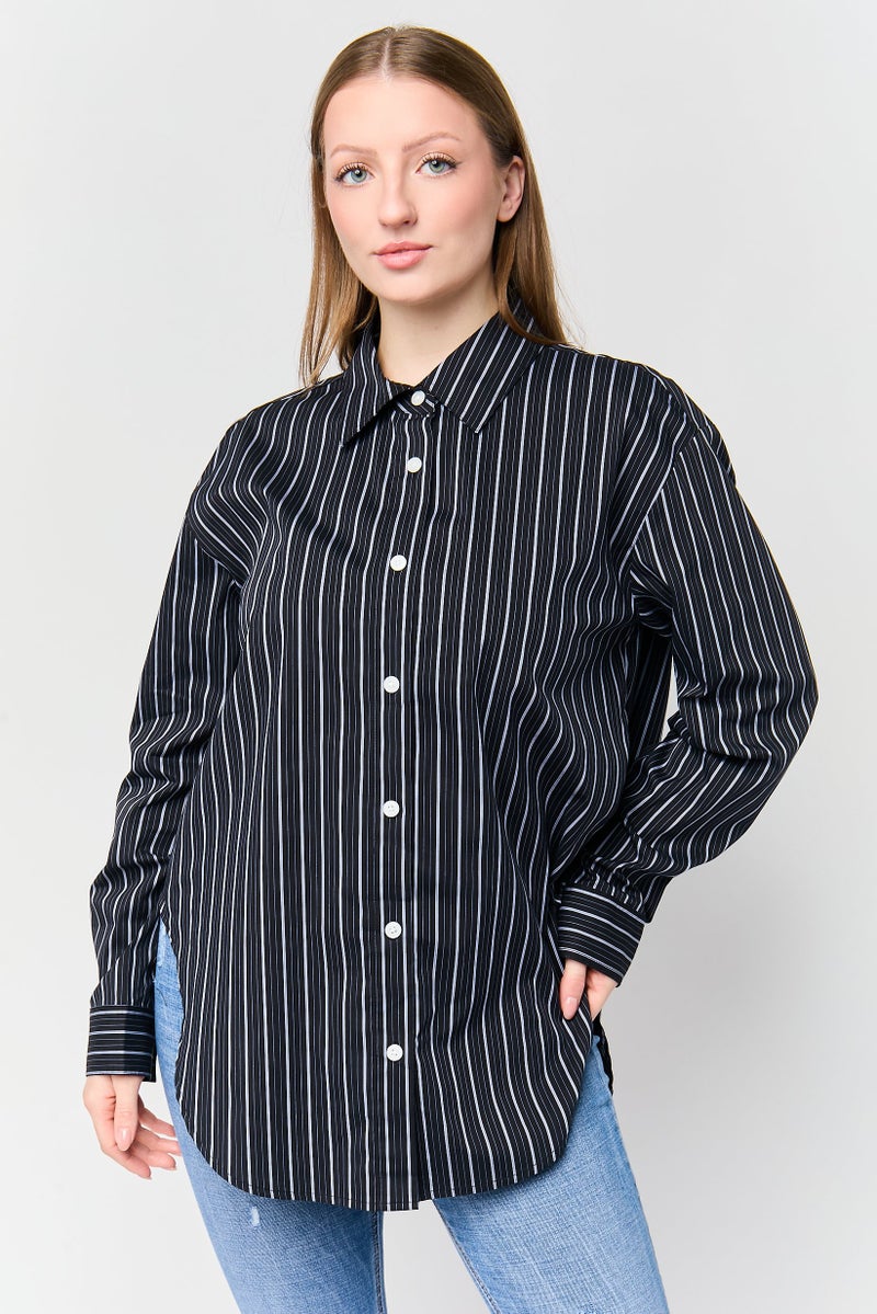 DKNY Women Stripe Long Sleeve Casual Shirt, Black - Image 1