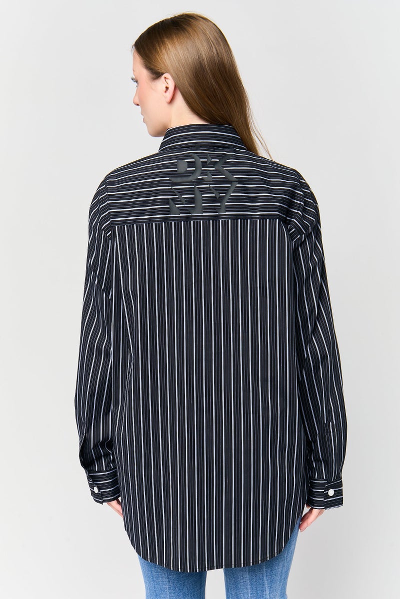 DKNY Women Stripe Long Sleeve Casual Shirt, Black - Image 2