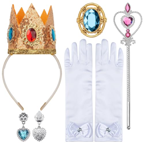GHGMAO 5Pcs Princess Peach Accessories for Kids Girls, Princess Peach Costume Dress Up Set for Women Girls Halloween Cosplay (1 Crown Headband+1 Brooch+1 Earrings+1 Fairy Wand+2 Gloves) - Image 1