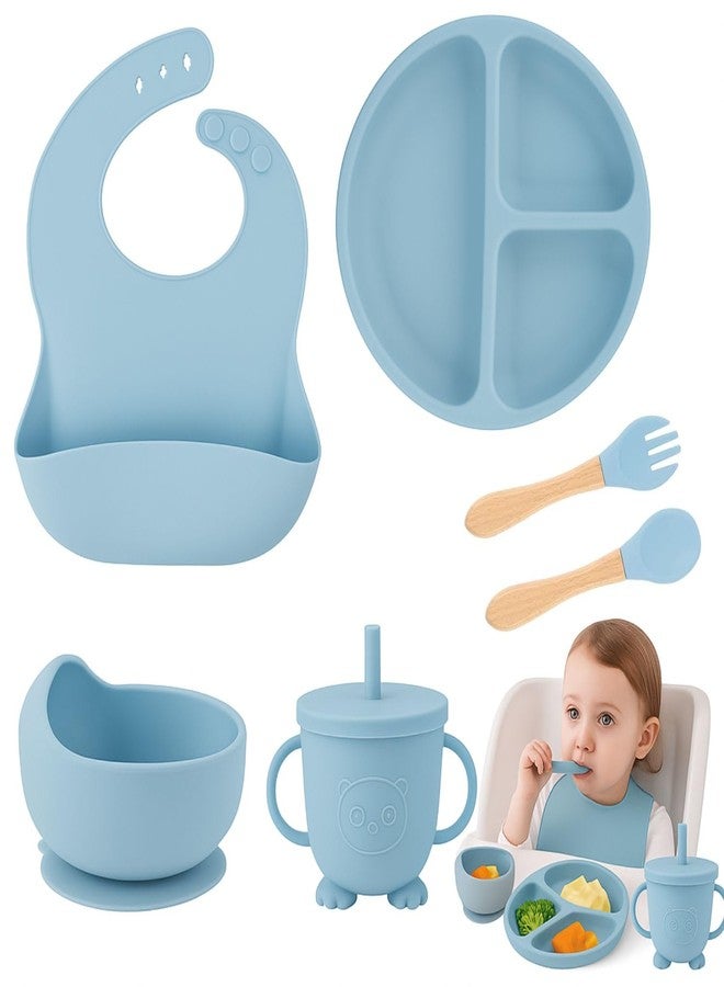 opriQ 6PCS Silicone Baby Feeding Set | Baby-Led Weaning Essentials with Suction Bowl, Divided Plate, Bib, Spoon, Fork & Cup | BPA-Free, Food-Grade, Dishwasher & Microwave Safe (Sky Blue) - Image 1