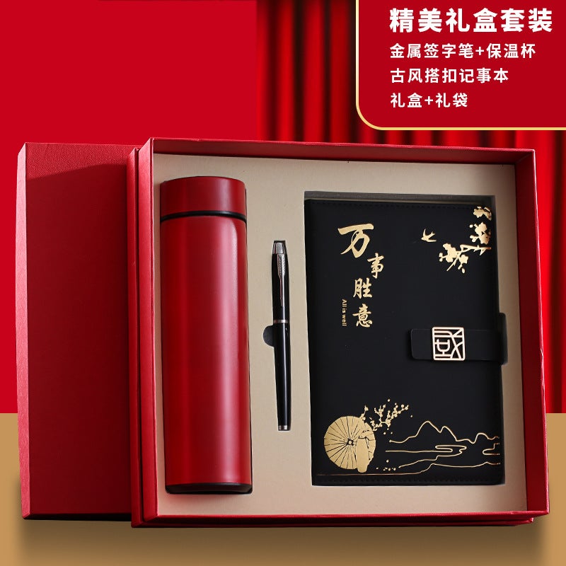Generic A5 Trendy Thick Notebook Diary Gift Set A5 Black Book + thermos cup + signature pen 